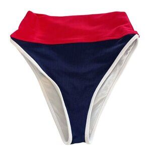 Beach Riot Emmy Bikini Bottoms Ribbed High Cut Navy Blue & Red - Size Small